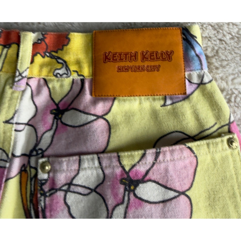Keith Kelly NYC Floral Carpenter Pants Yellow Pink Straight Utility Small 263 - Picture 6 of 7
